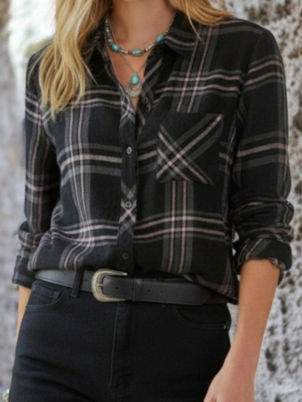NWT RAILS Hunter Soft Button Down Shirt Onxy Slate Blush M Casual Boho